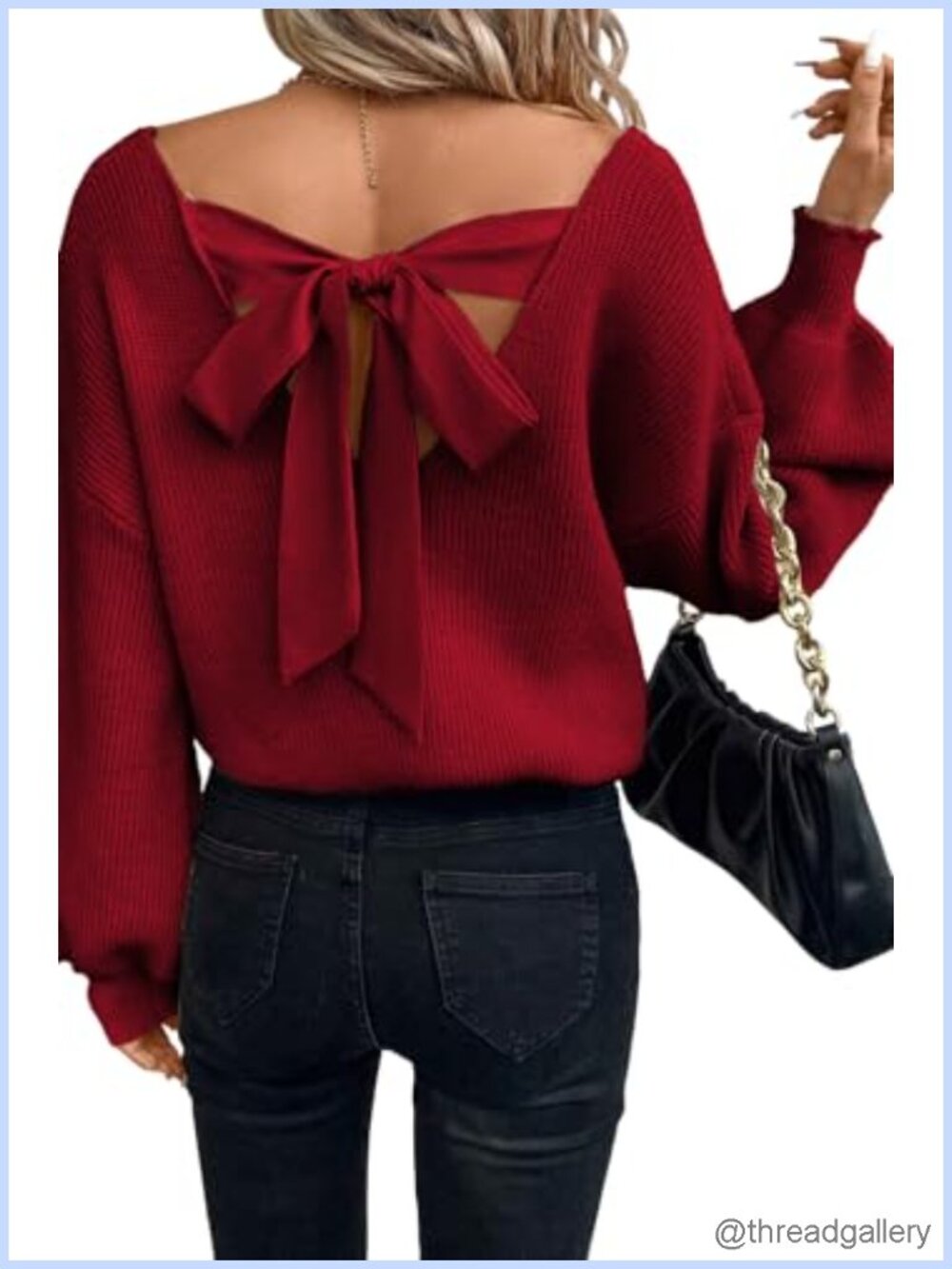 Off Shoulder Bow Back Sweater Deep V Neck Backless Knit Top